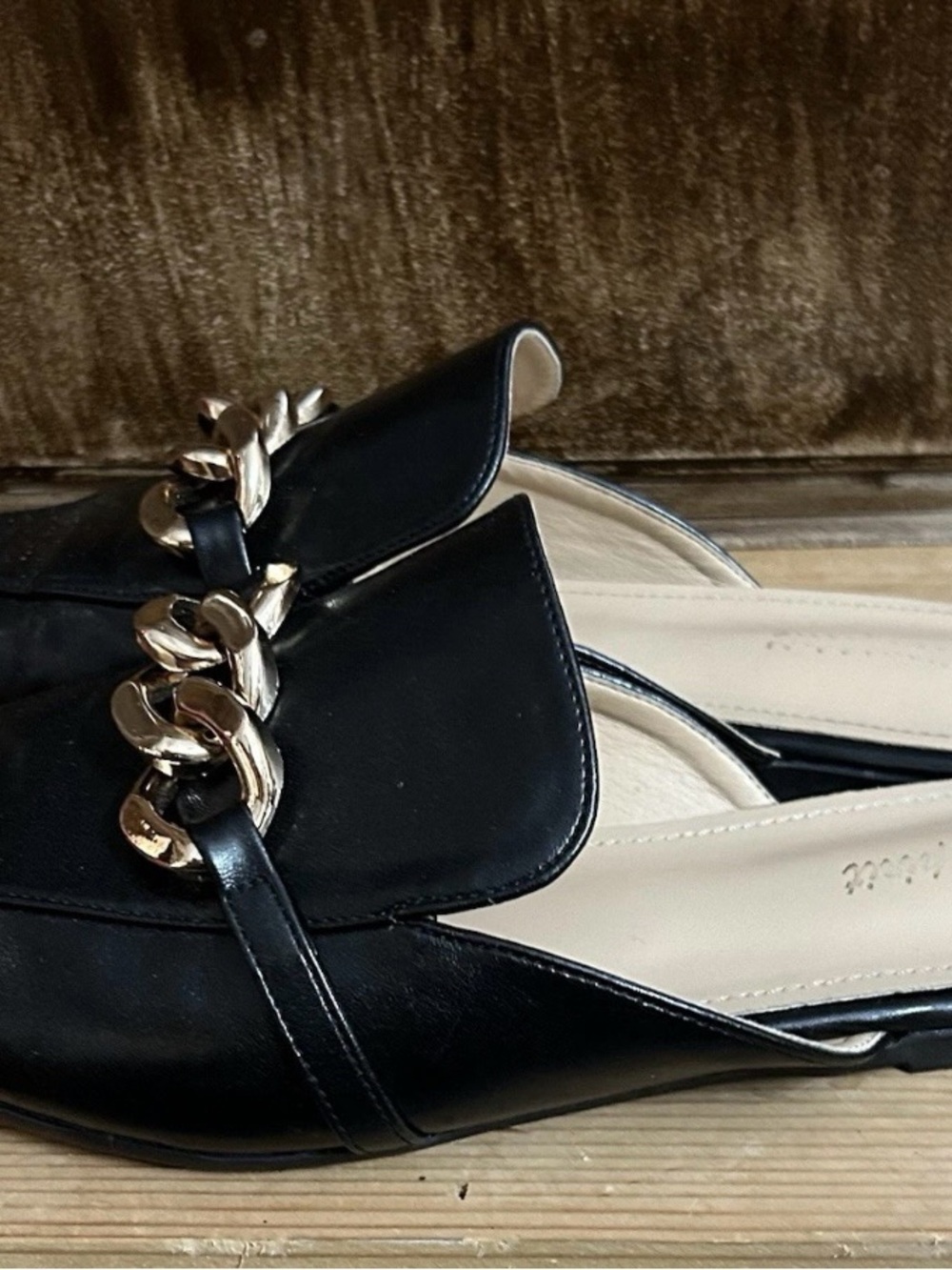 Women’s Black Slip-On Loafers with Gold Chain Accent